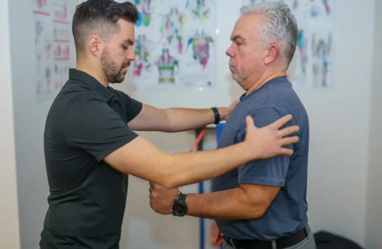 Michael Porreca providing personalized physiotherapy care to patients at Accelerate Physiotherapy in Oakville.