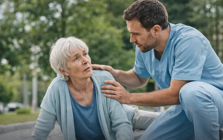 Physiotherapist helping elderly woman after a fall, Oakville