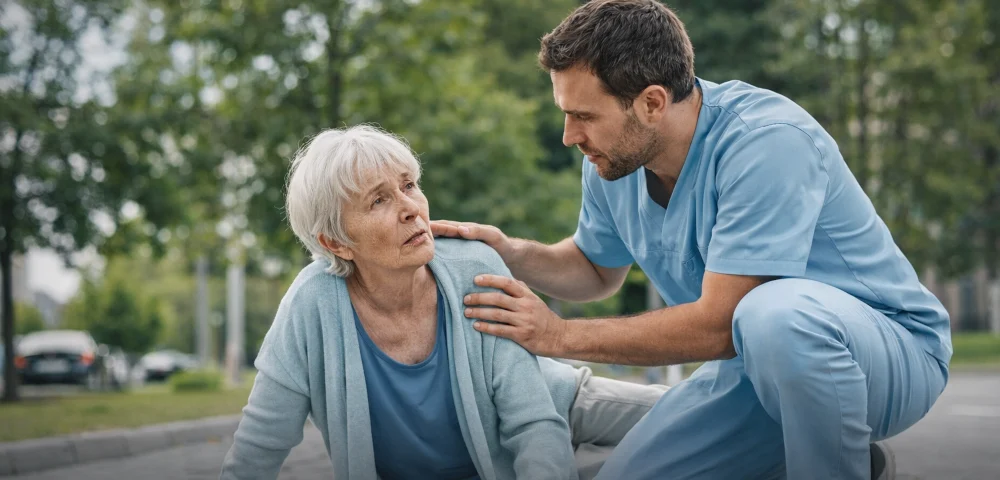 Physiotherapist helping elderly woman after a fall, Oakville Physiotherapist helping elderly woman after a fall, Oakville