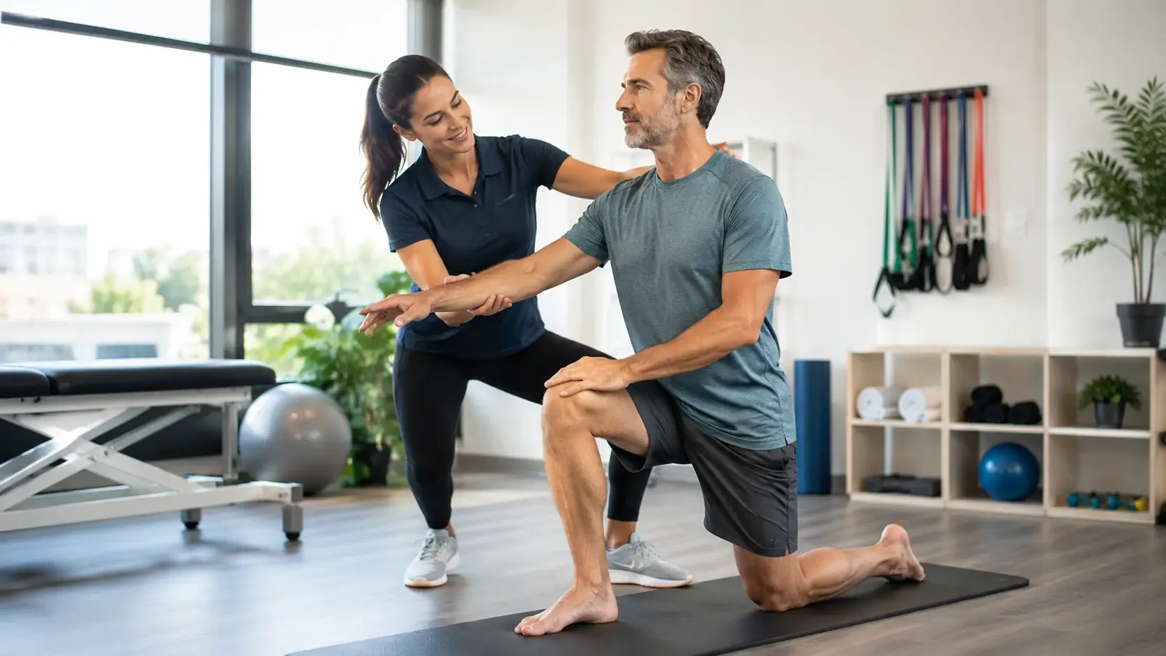 Physiotherapist helping patient with mobility exercise in rehab clinic Physiotherapist helping patient with mobility exercise in rehab clinic