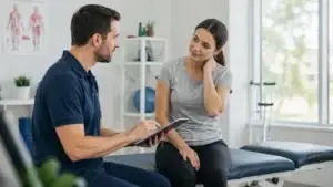 Physiotherapist consulting patient with neck pain after car accident in modern clinic