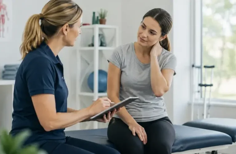 Physiotherapist consulting patient with neck pain after car accident in modern clinic