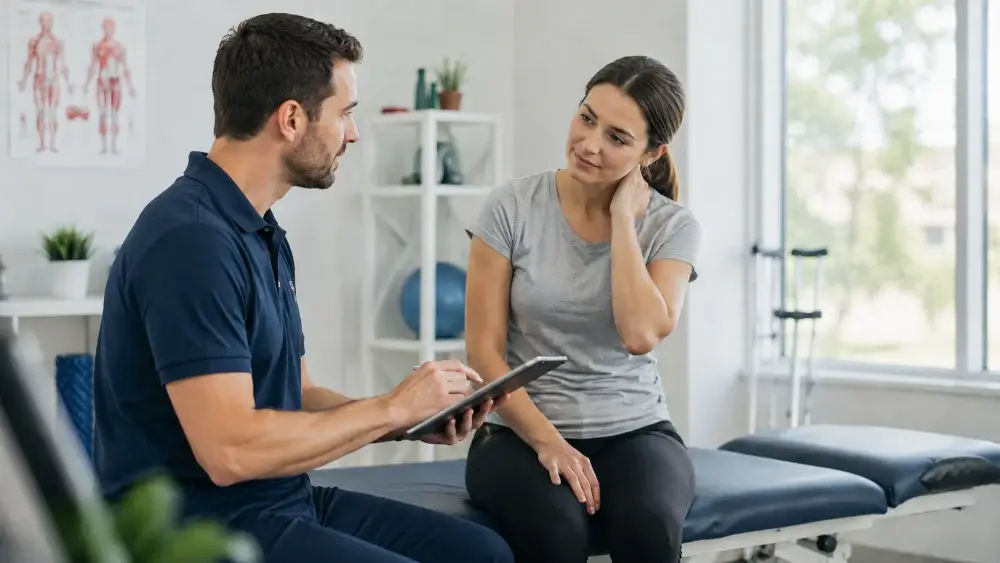 Physiotherapist consulting patient with neck pain after car accident in modern clinic